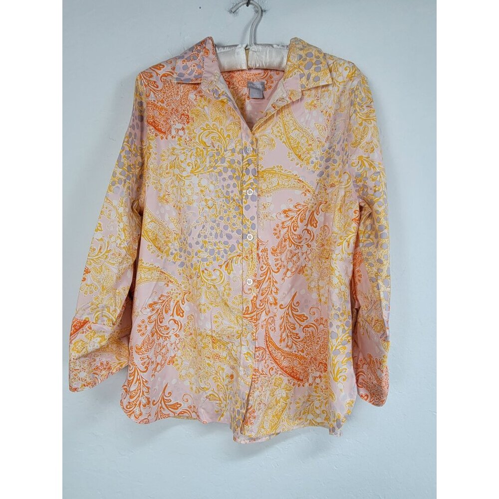 Chico's No-Iron Chic Stretch Paisley Button-Down Shirt Size 2 Pink/Orange Casual